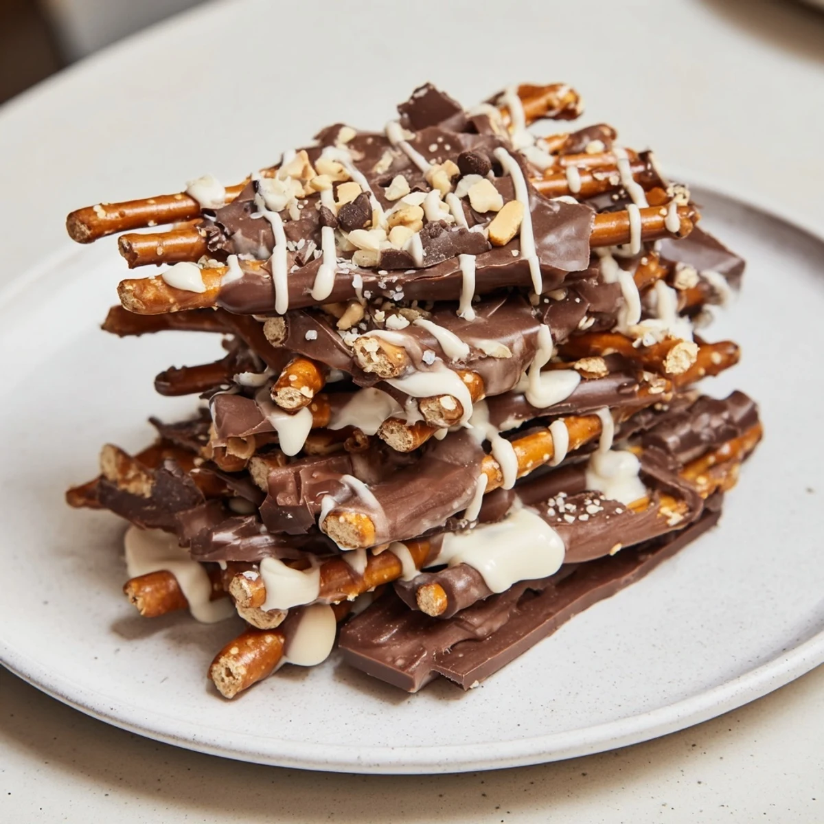 A close-up view of festive Chocolate Covered Pretzel Stick Stacks, a delightful treat for any occasion.