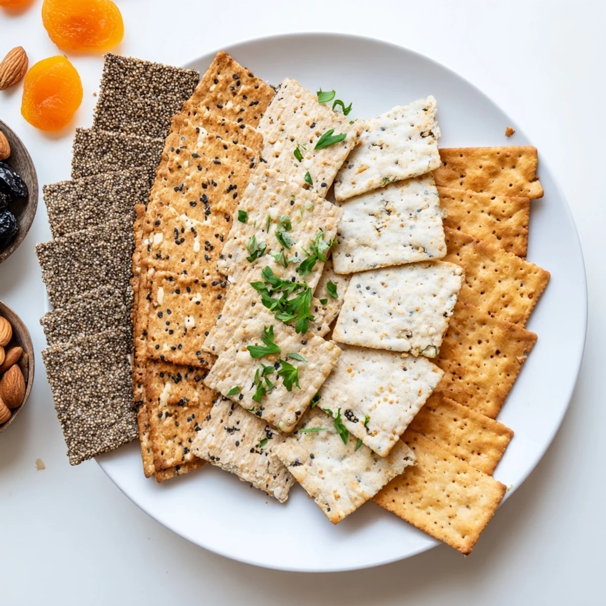 Gourmet crackers fan, arranged on a platter, ready to be paired with cheese and enjoyed as a snack.