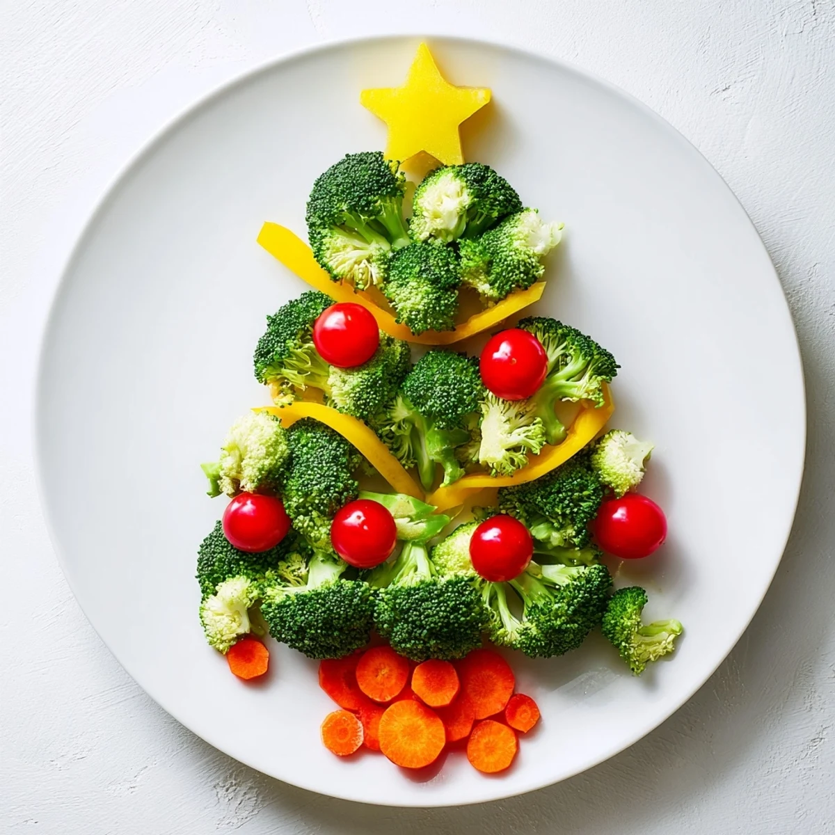 Festive Broccoli Tree with vibrant cherry tomato ornaments, perfect for a healthy appetizer.