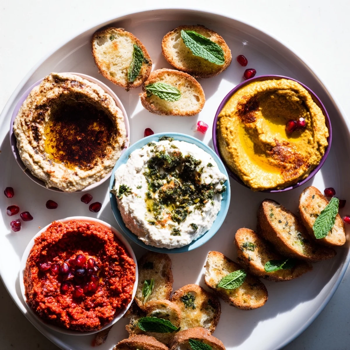 Delectable Moroccan Tile Mosaic, a medley of dips, marinated veggies, nuts, and olives attractively arranged.