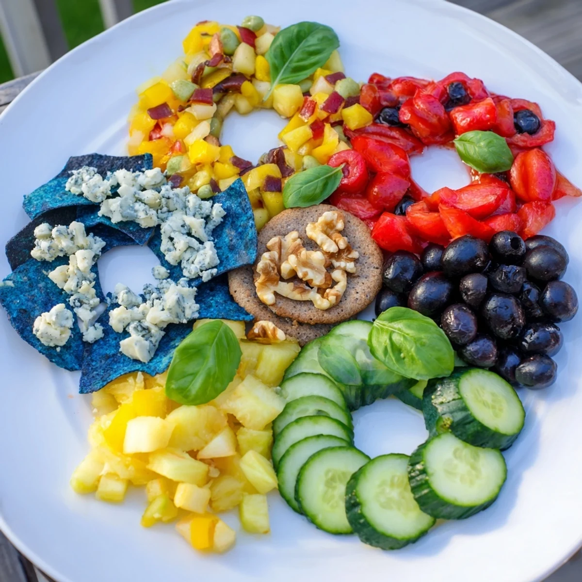 Vibrant Olympic Rings appetizer platter with fresh blueberries and flavorful blue cheese, a vegetarian dish.