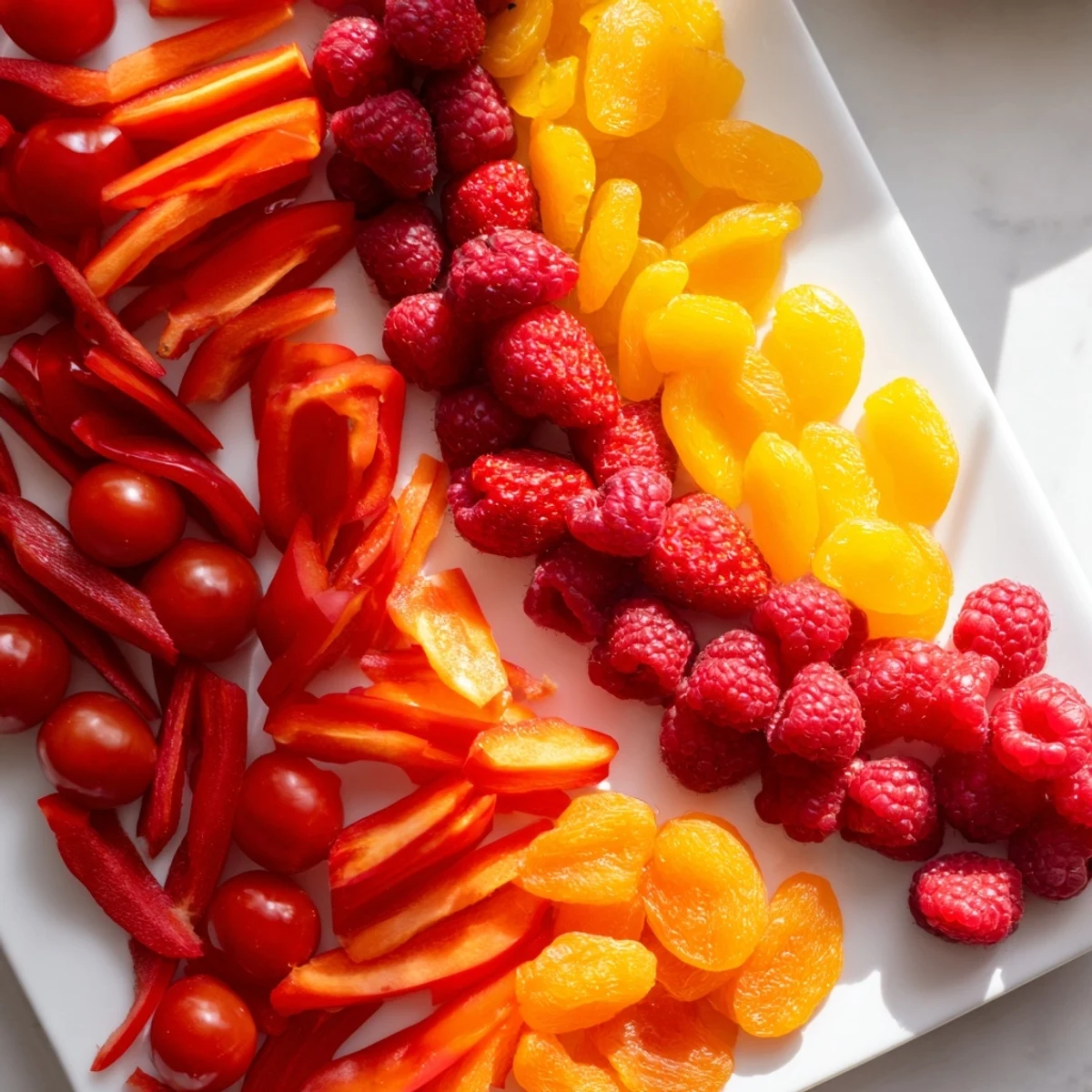 Vibrant Rainbow Pride Spectrum grazing board: fresh colorful fruits and vegetables create a stunning visual appetizer.