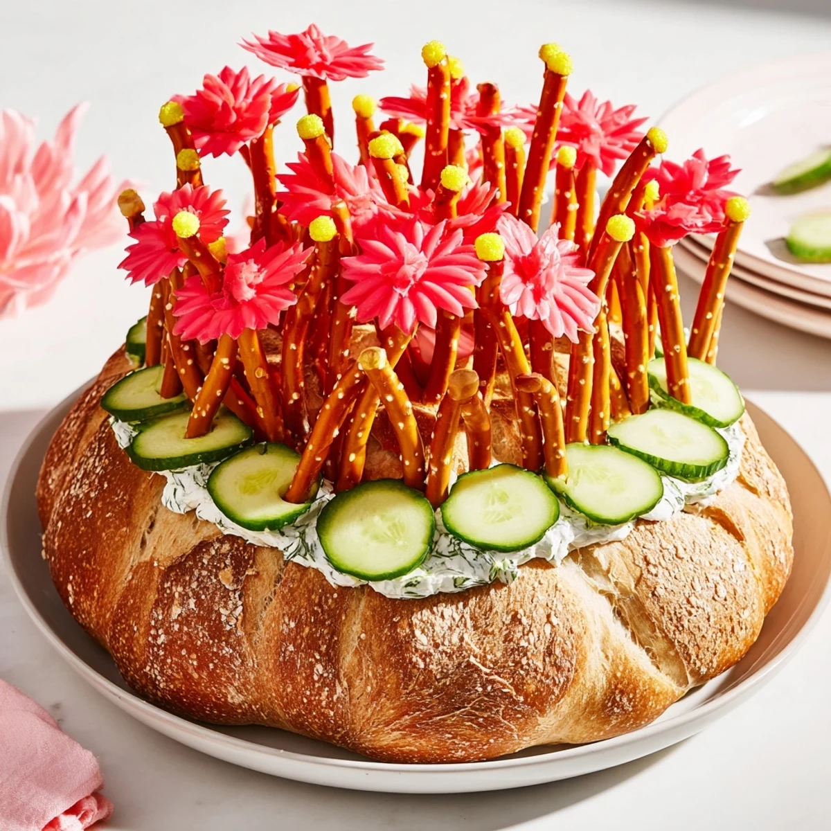 Vibrant photo of a Desert Cactus Bloom, an edible masterpiece featuring cactus-shaped bread and pretzel spikes.