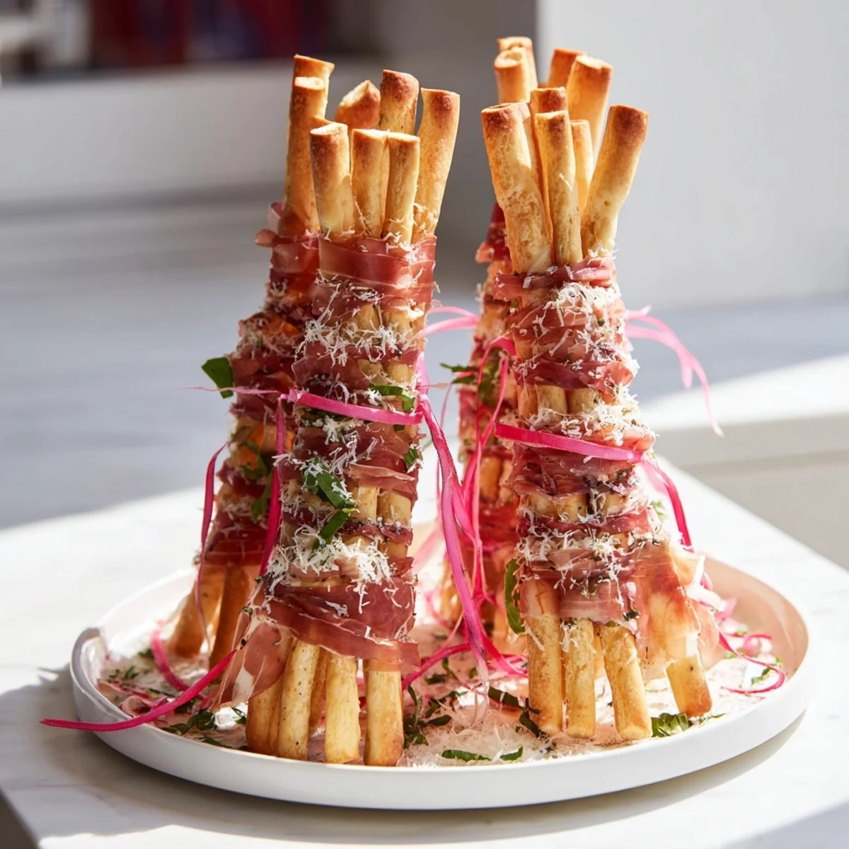 Golden Gate appetizer with crispy breadstick towers and savory prosciutto "bridge" connecting them.