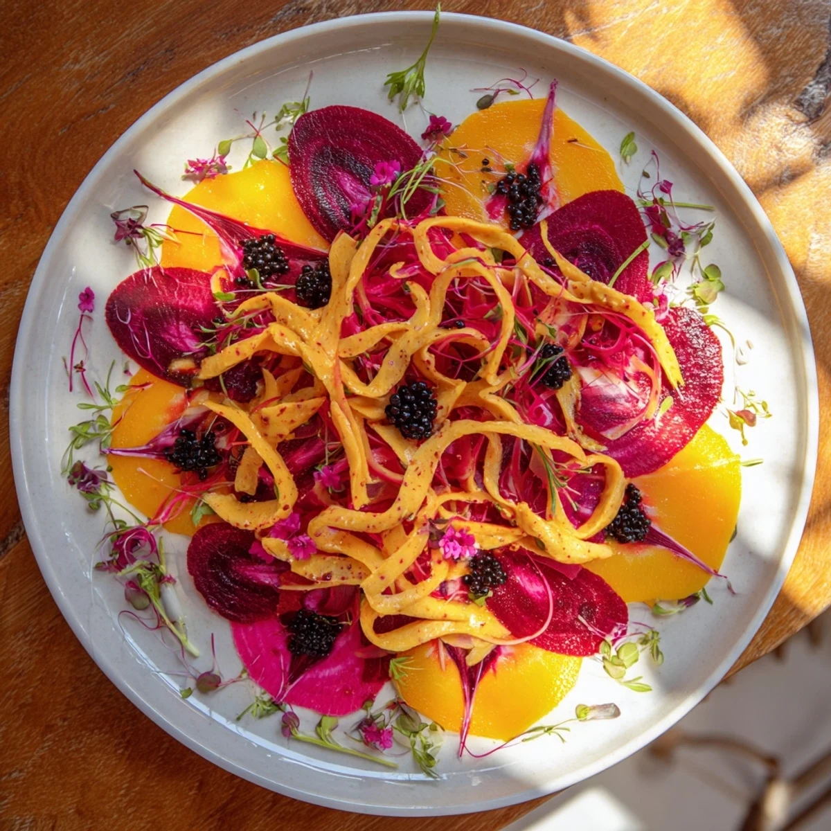 Enjoy the unique contrast of ingredients in The Shadow Play, a vegetarian appetizer with beautiful shadows.