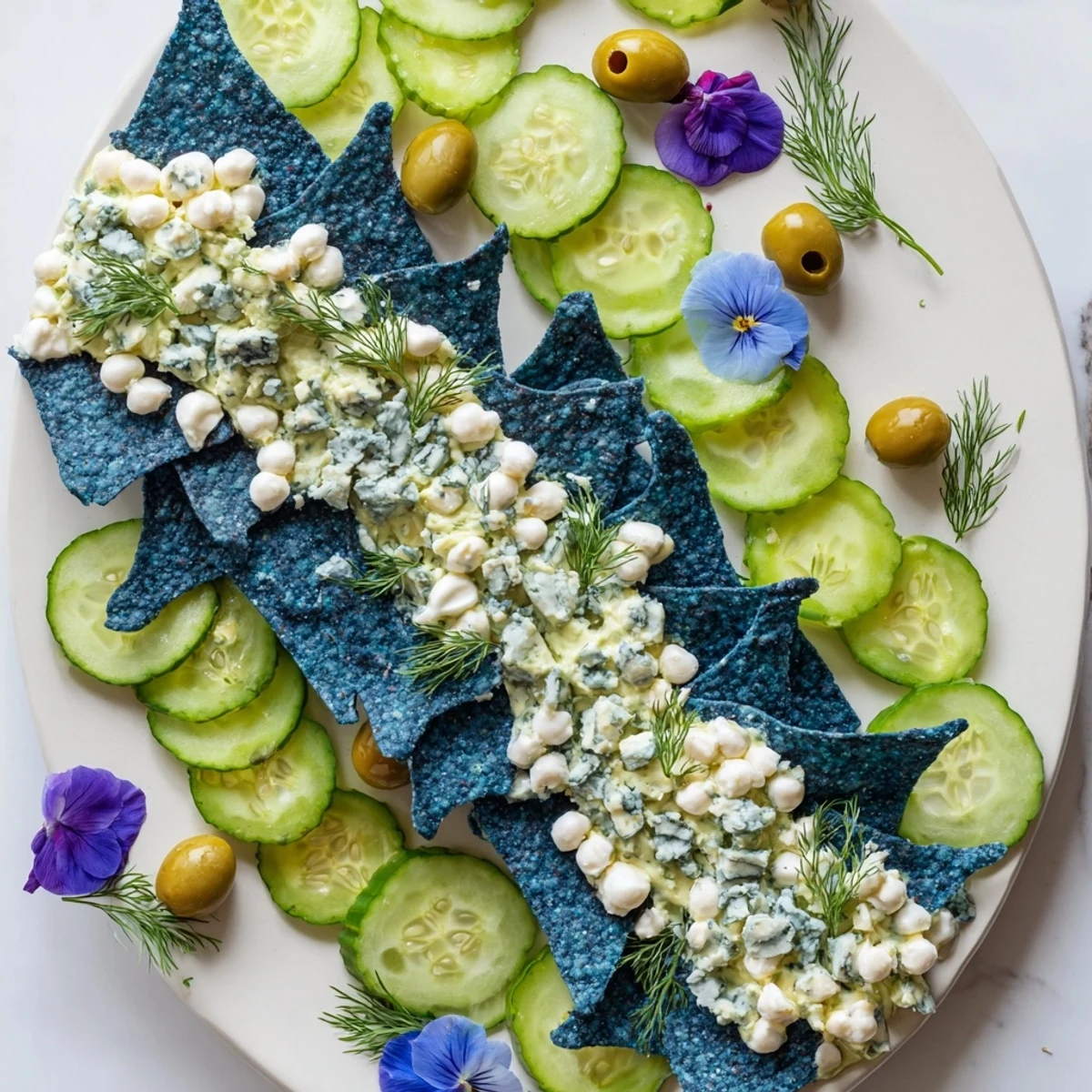 Deep Sea Ocean Wave appetizer platter showing blue and green ingredients artfully arranged for serving.