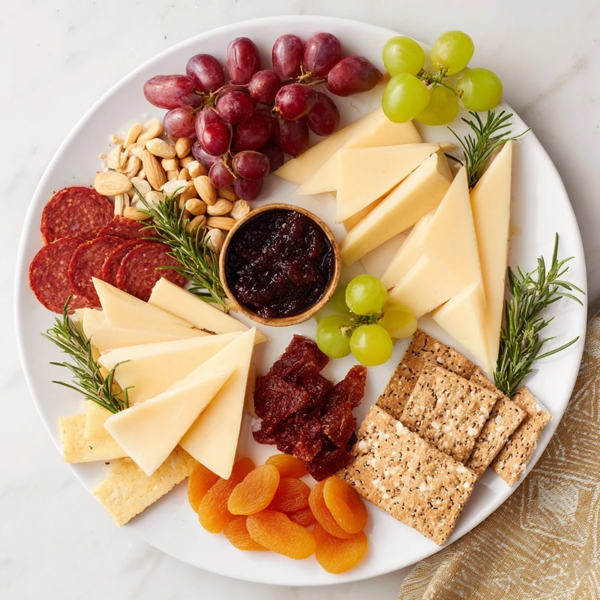 Eye-catching view of the Geometric Gala, a charcuterie board with flavorful rhombus-cut meats and cheeses.