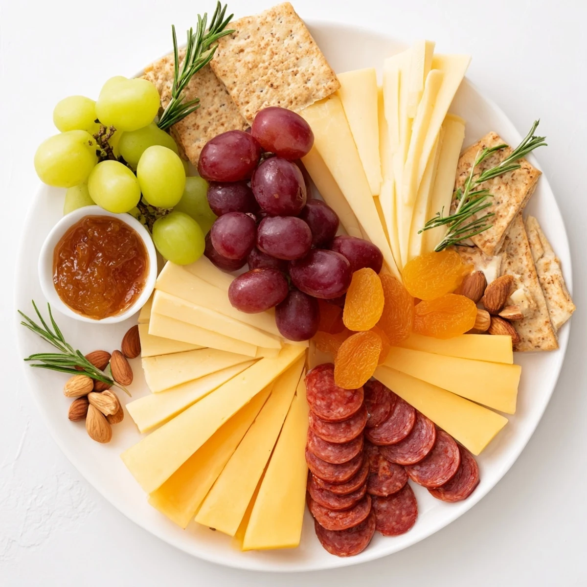 Geometric Gala charcuterie board, artistically arranged triangles of cheese and meat, ready to enjoy.