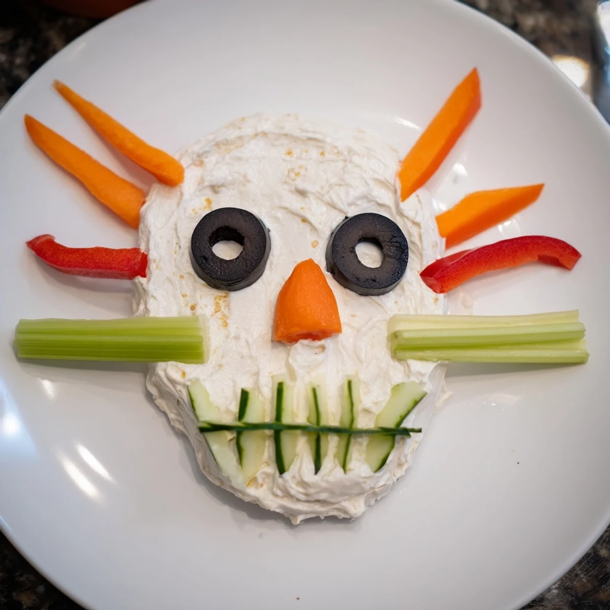 Vibrant Skull & Bones Spooky Spread features creamy cheese in a skull shape, complete with vegetable details.