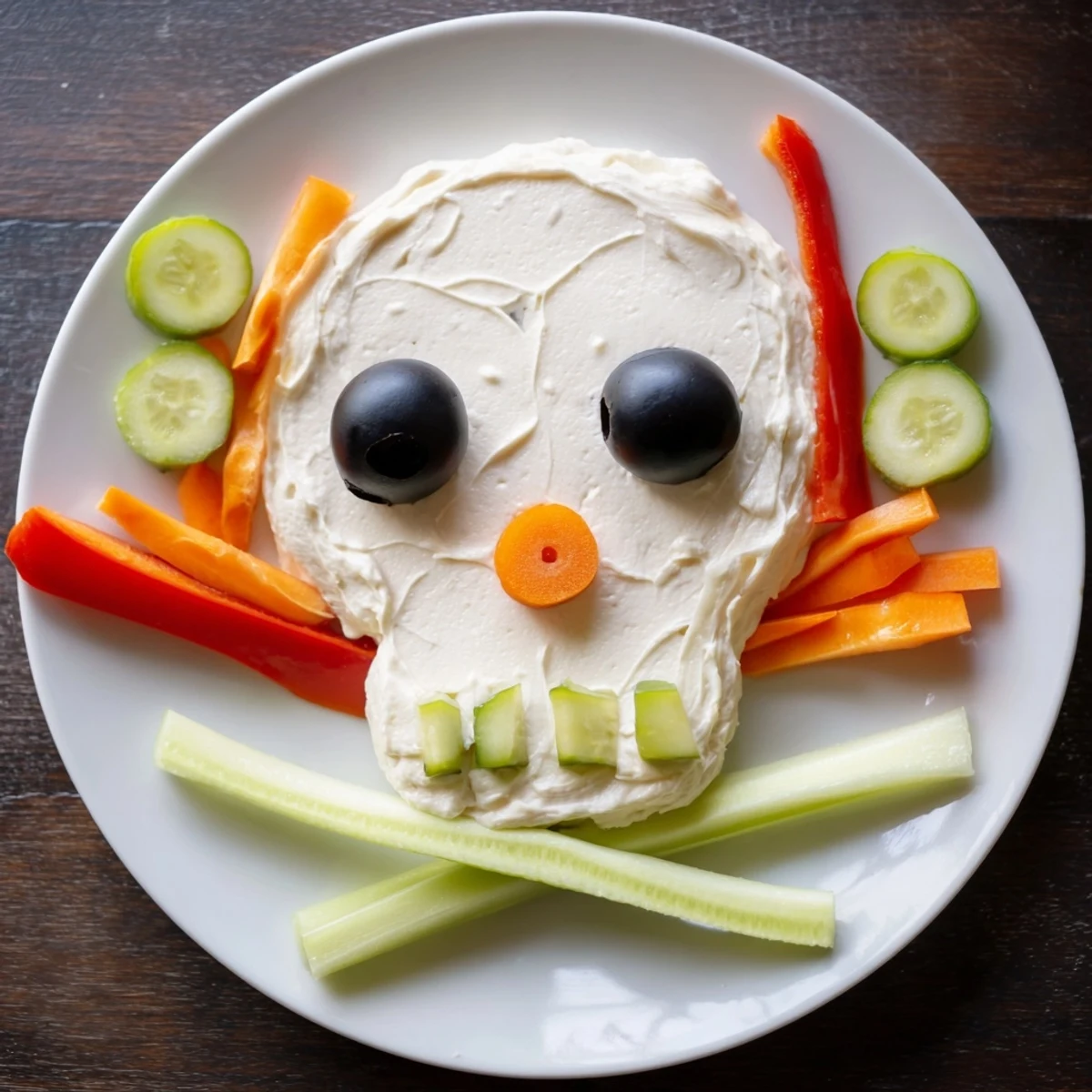 A Halloween appetiser: the deliciously spooky Skull & Bones Spooky Spread, artfully decorated with fresh veggies.