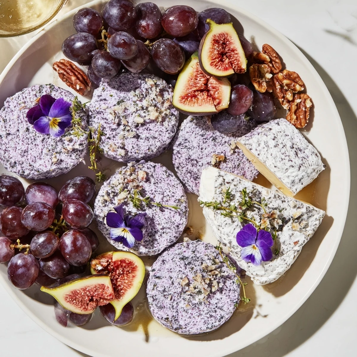 A beautiful cheese board, "The Lavender Haze," with lavender goat cheese, figs, and grapes ready to serve.