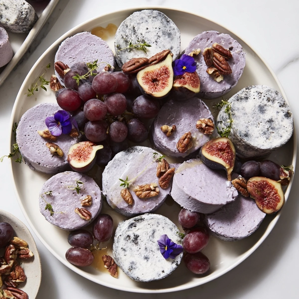 "The Lavender Haze" cheese platter features brie, honey, and edible flowers for a delightful appetizer presentation.