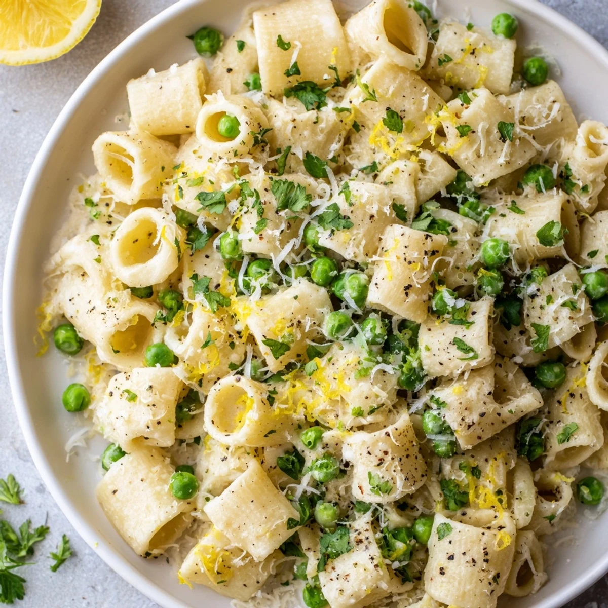 A close-up of steaming Garlic Butter Ditalini with bright green peas, ready to serve.