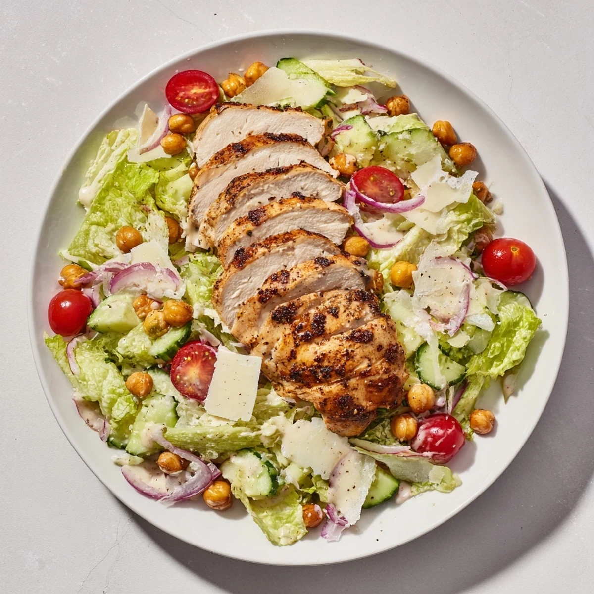 Juicy grilled chicken atop a fresh Chicken Caesar Pasta-less Bowl, ready to be enjoyed.