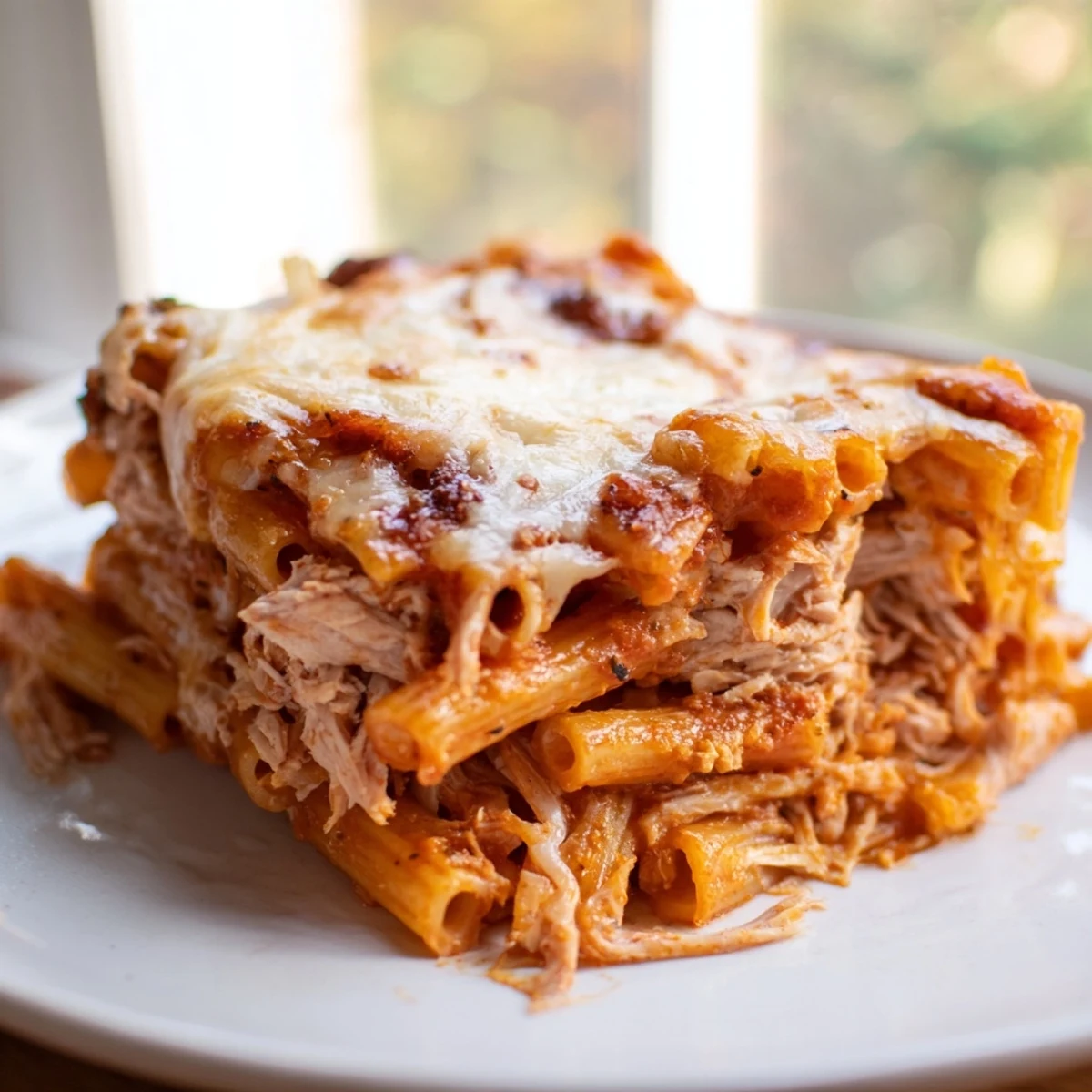 Golden, bubbly Moist Maker Pasta Casserole with layers of turkey, cheese, and gravy, ready to serve.