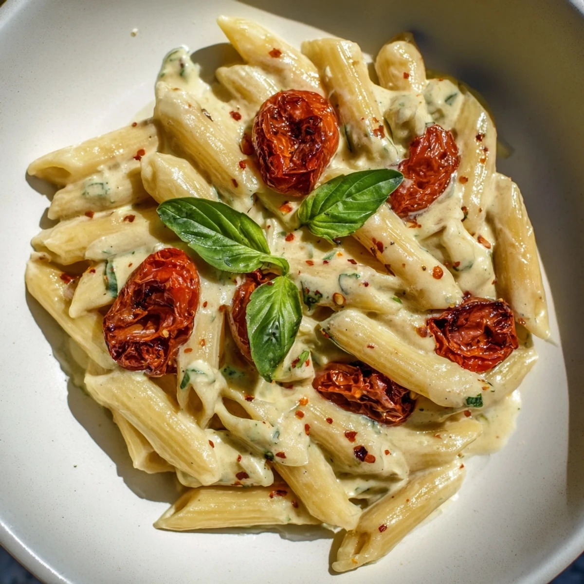Warm, comforting Boursin Cheese Pasta, tossed with roasted tomatoes and fresh basil, ready to serve.