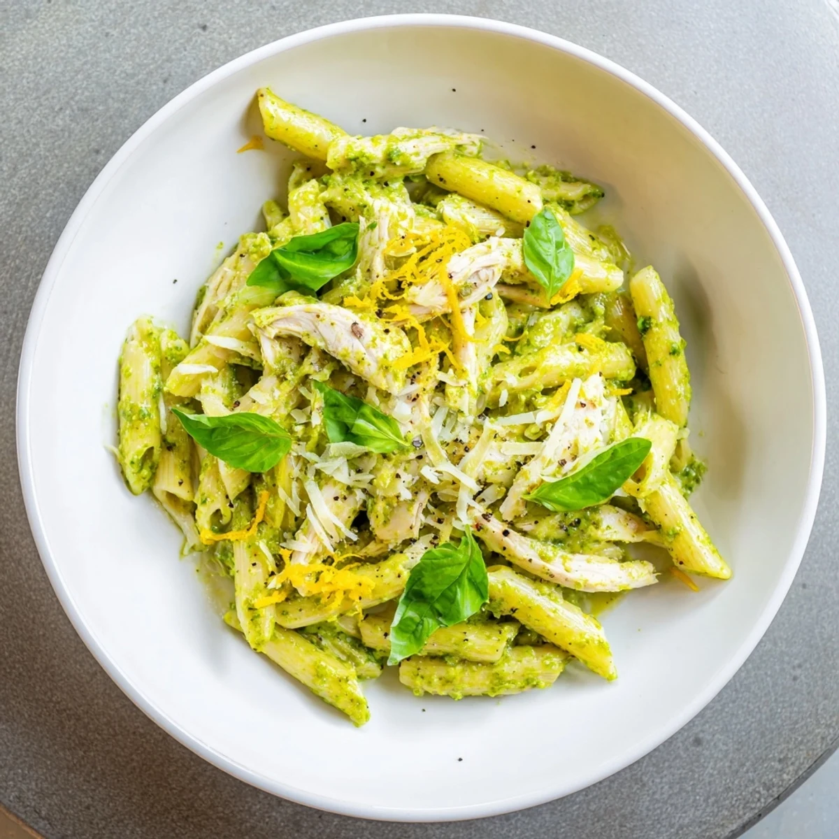 A bowl of creamy 10-Minute Pesto Pasta with Chicken, garnished with fresh basil and Parmesan.