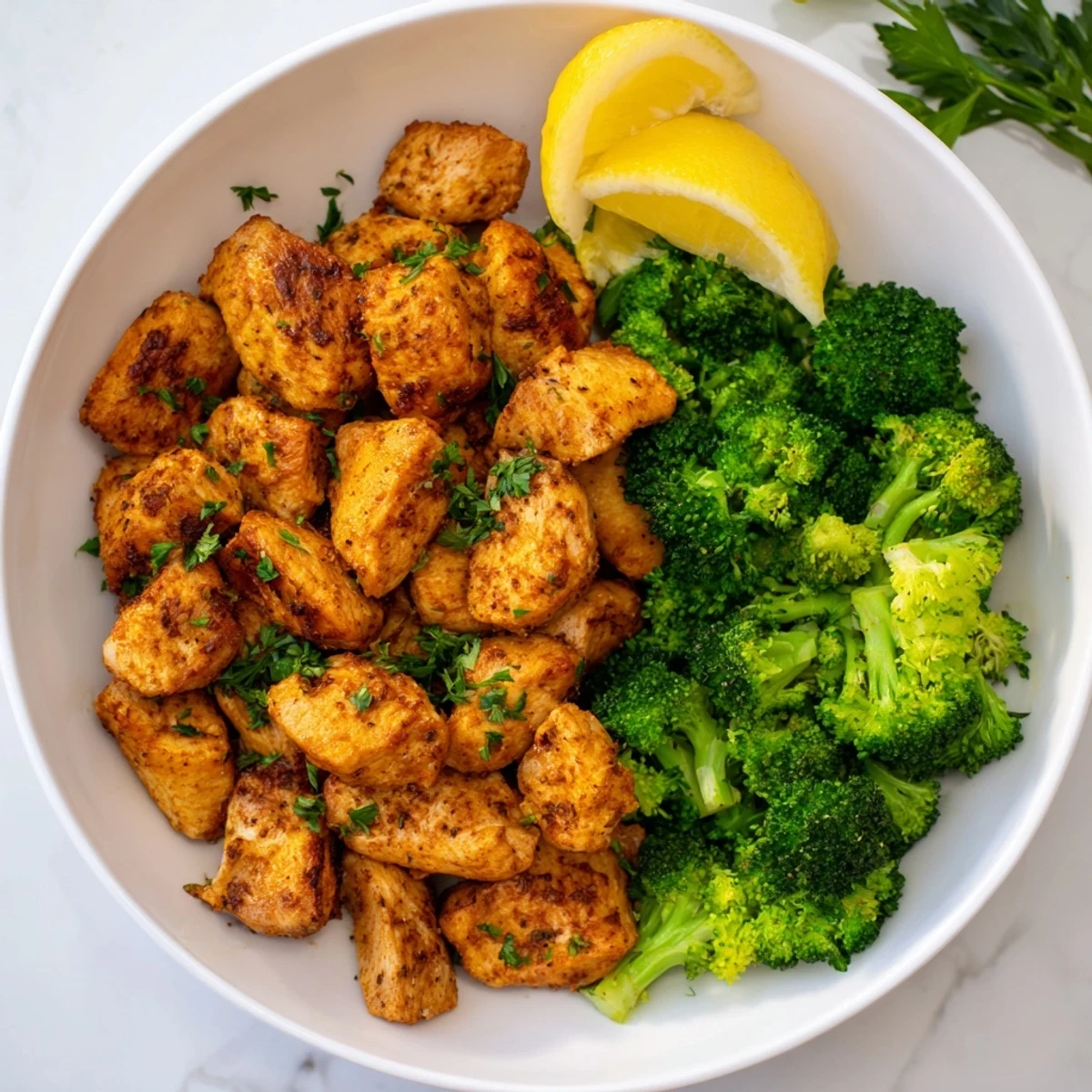 Tender microwave-steamed chicken and broccoli, seasoned with paprika, ready for a healthy meal.
