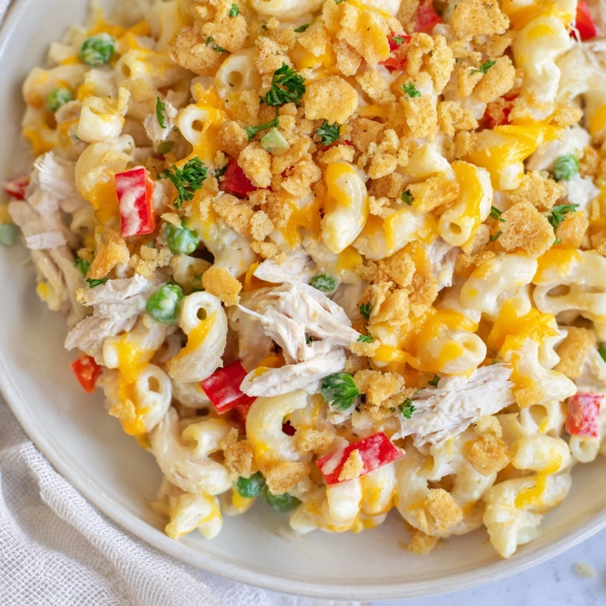 A bubbly Chicken Macaroni Southern Style casserole, golden with melted cheese topping and buttery crackers.