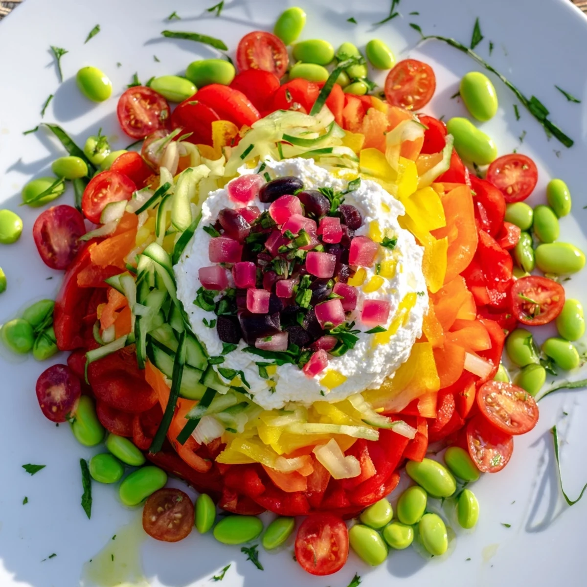 Vibrant The Prism Burst salad fanned out, showcasing rainbow produce atop creamy white base.