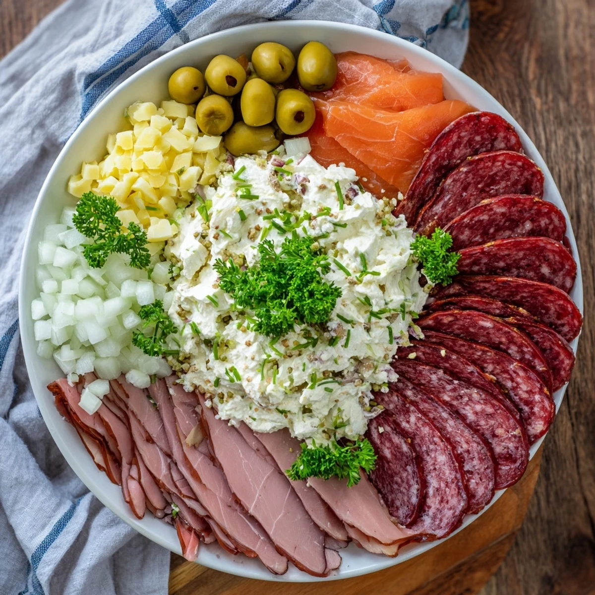 Appetizing "Compass Rose" appetizer with smoky salmon, spicy chorizo, and fresh herbs, ready to serve.