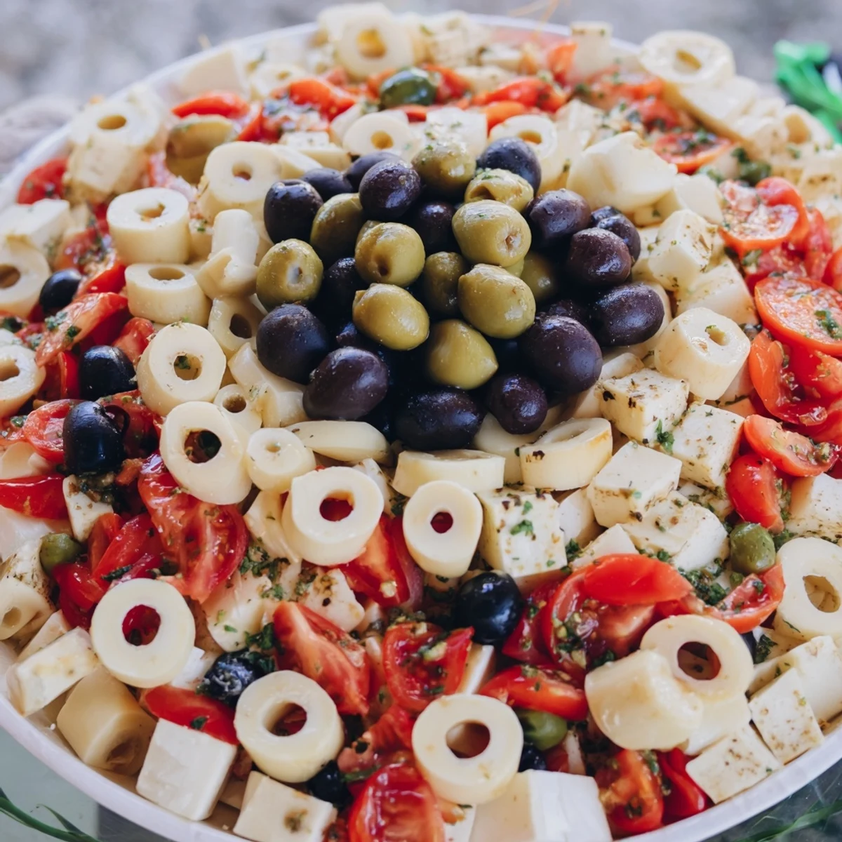 Crisp crackers form the Colosseum in this Roman Colosseum Snack Platter appetizer with black olives.