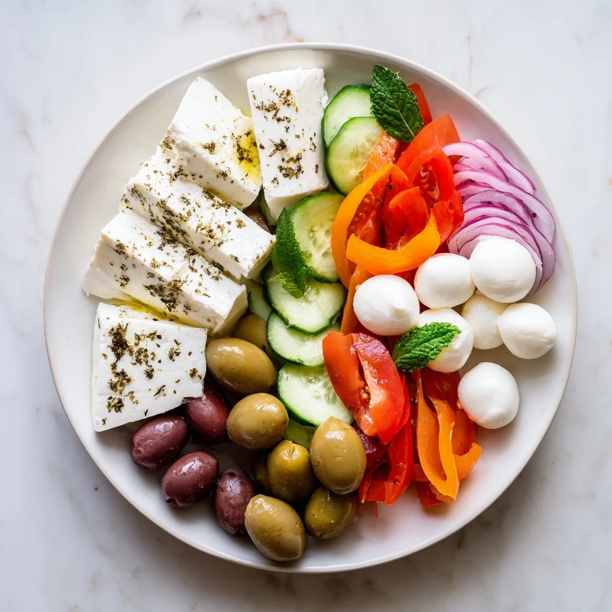 A beautiful platter of The Sun-Drenched Patio mezze, overflowing with fresh, vibrant ingredients.