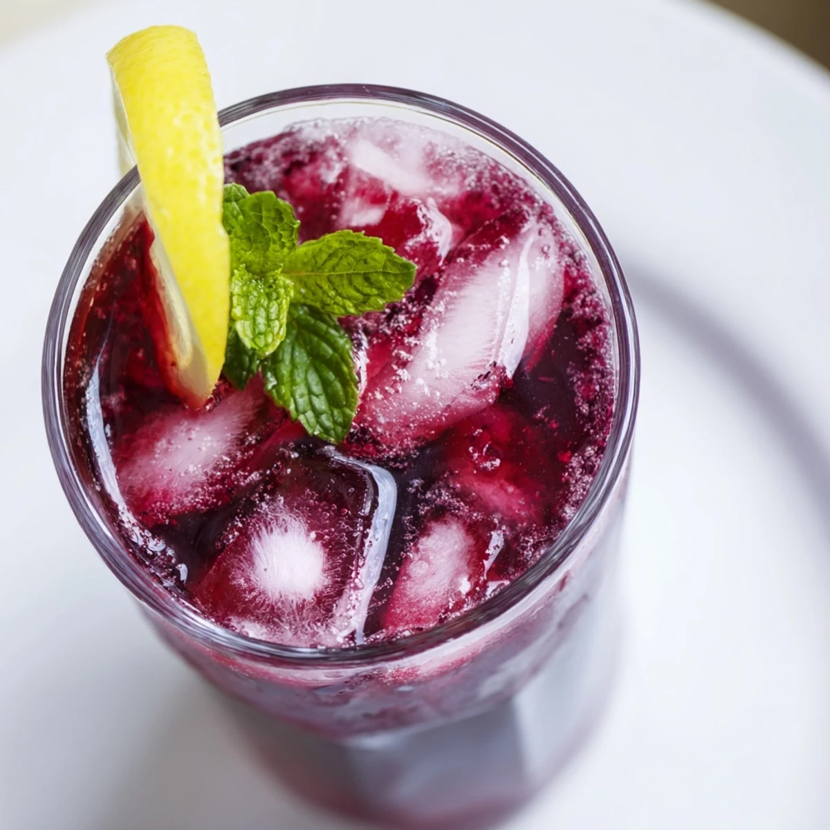 Sleepy Girl Cherry Mocktail: a vibrant, ruby red drink in a glass, garnished with fresh mint and a lemon wheel.