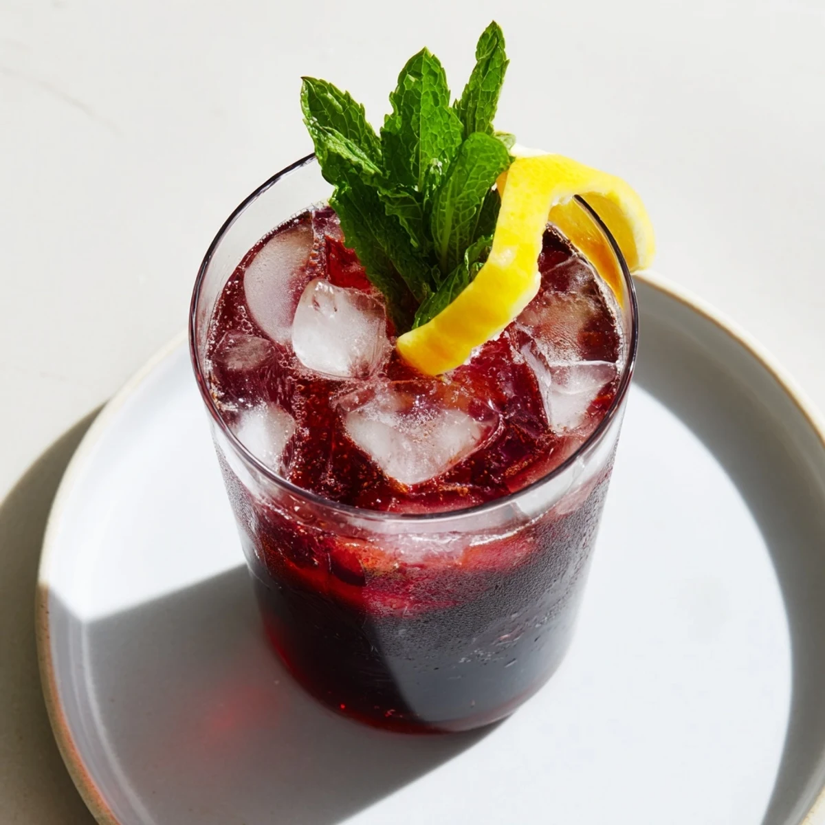 Close-up of a refreshing Sleepy Girl Cherry Mocktail, perfect for late-night relaxation with tart cherry and bubbly.