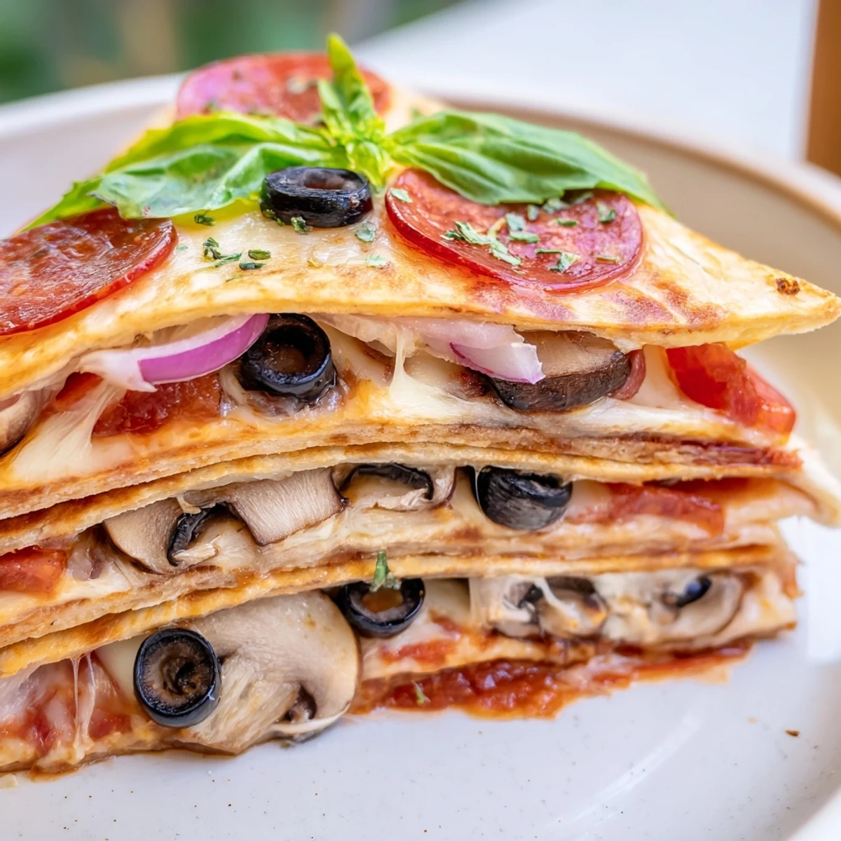 Golden-brown Cheesy Tortilla Pizza Wrap with melted mozzarella and savory toppings, ready to enjoy.