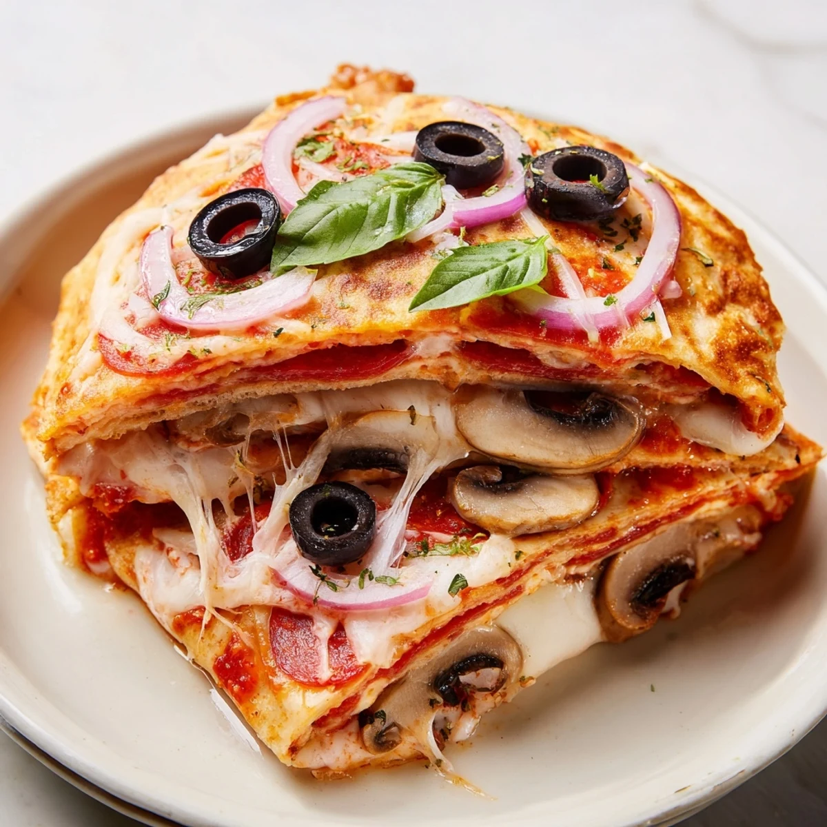 A half-folded, visually appealing image showing a warm Cheesy Tortilla Pizza Wrap filled with pizza flavors.