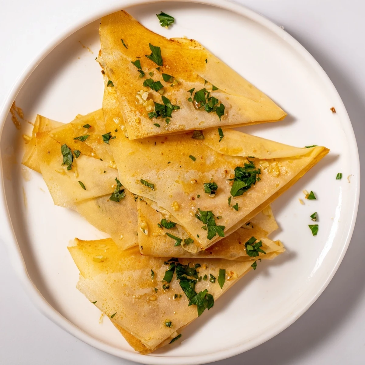 A close-up of perfectly air-fried crispy garlic lumpia chips, showcasing their delicious texture.