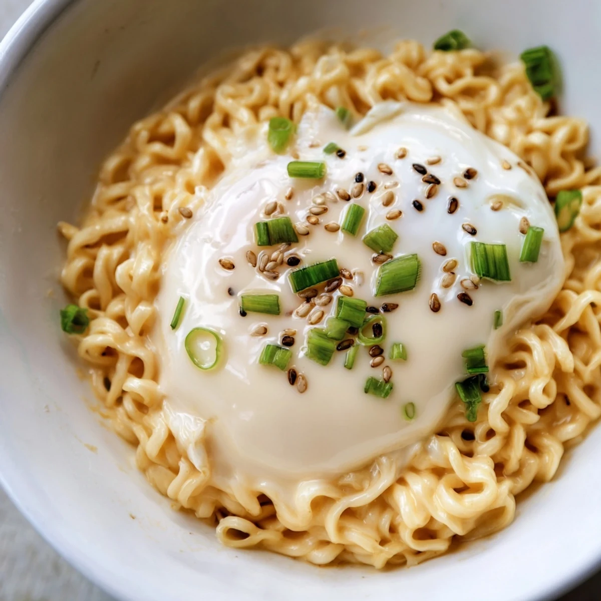 Creamy Instant Cheese Ramen Bowl, with melted cheese and a soft-poached egg, ready to enjoy.