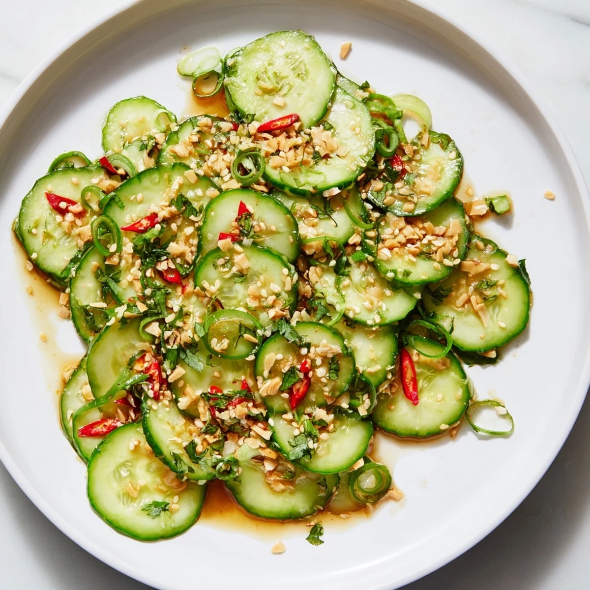 A vibrant Tangy Shaken Asian-Style Cucumber Salad with glistening cucumbers, ready to eat.
