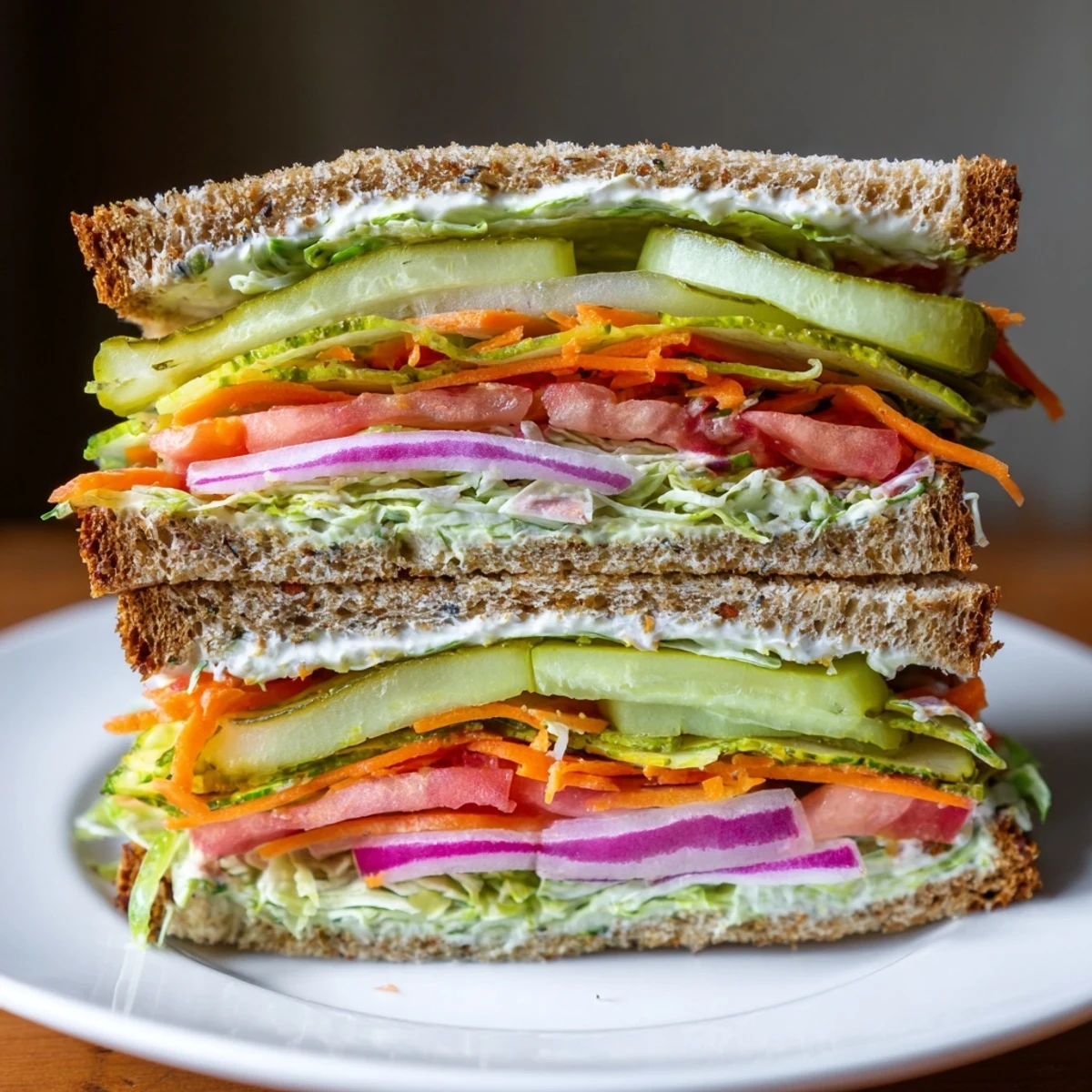 This vibrant photo illustrates a delicious, fully assembled crunchy dill pickle sandwich, ready for a flavorful bite.