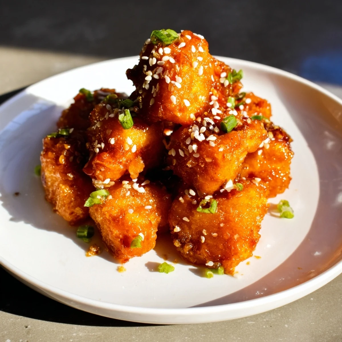 Golden-brown Honey-Sriracha Chicken Bites, coated in sticky sauce and sprinkled with fresh chives.