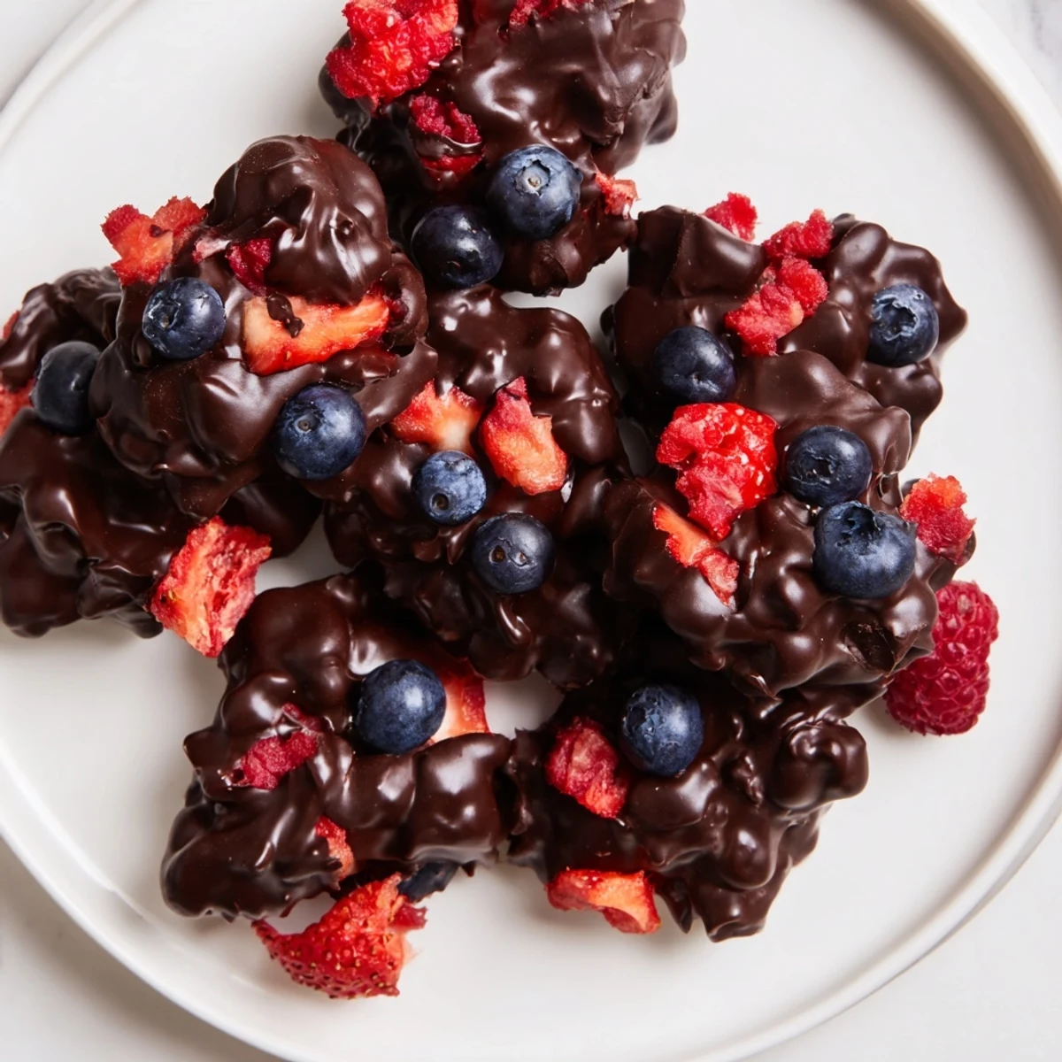 Frozen chocolate yogurt clusters speckled with fresh berries, a delightful, refreshing summer snack.