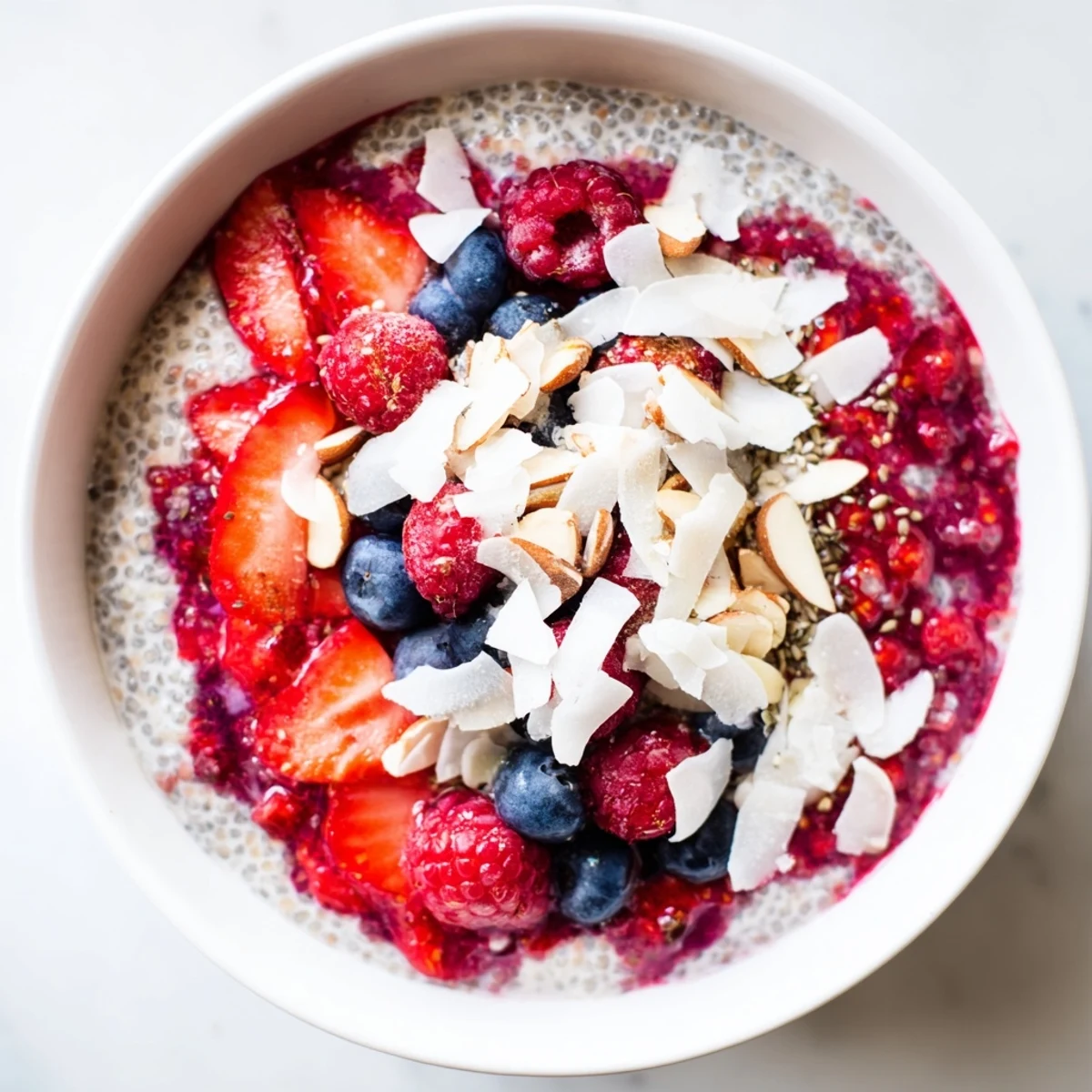 Creamy berry chia pudding with layers of vibrant compote, perfect for a refreshing vegan breakfast.