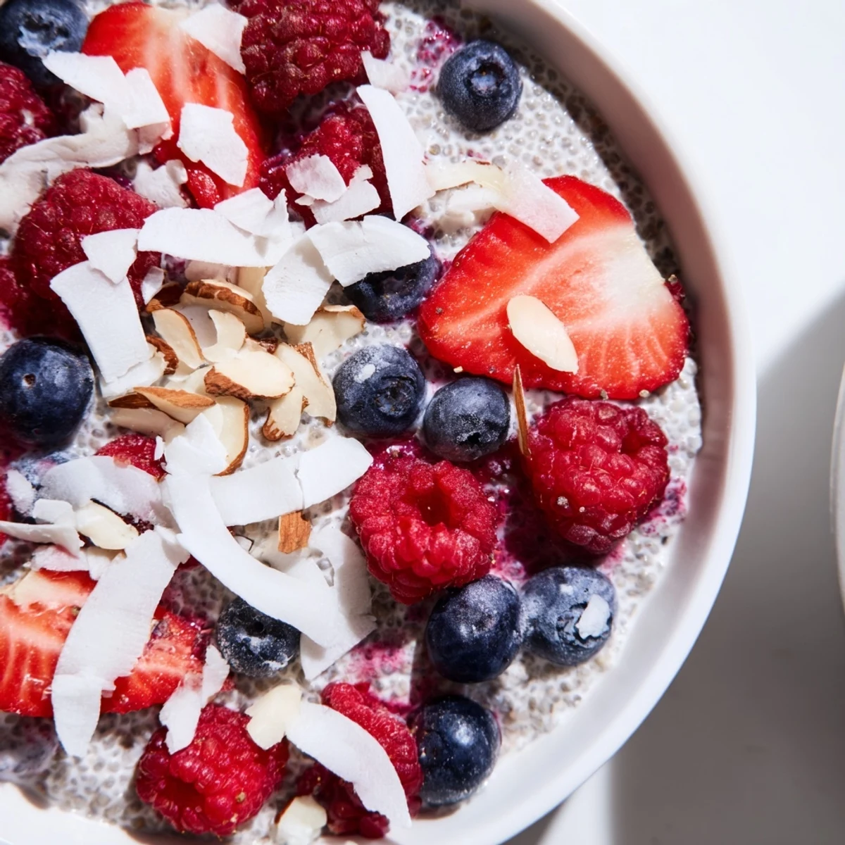 Bright and beautiful, a layered berry chia pudding topped with fresh berries and coconut flakes.