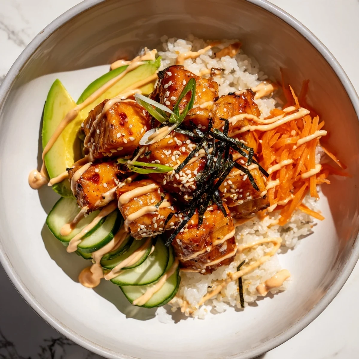 Fresh and healthy Salmon Bites Bowl: crispy salmon served with vibrant rice and sliced avocado.