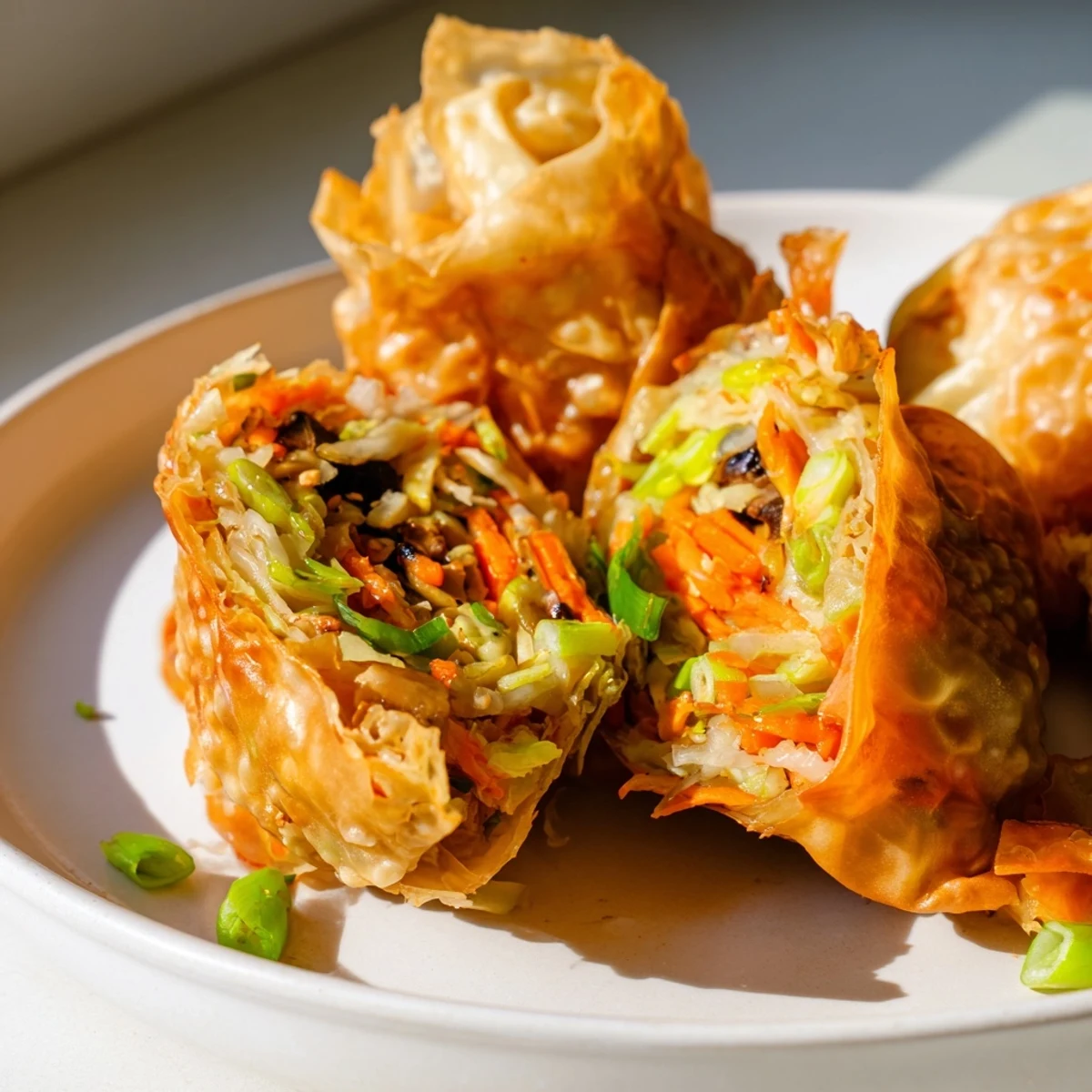 Golden, crispy Crispy Rice Paper Dumplings ready to dip in a savory sauce for a tasty treat.