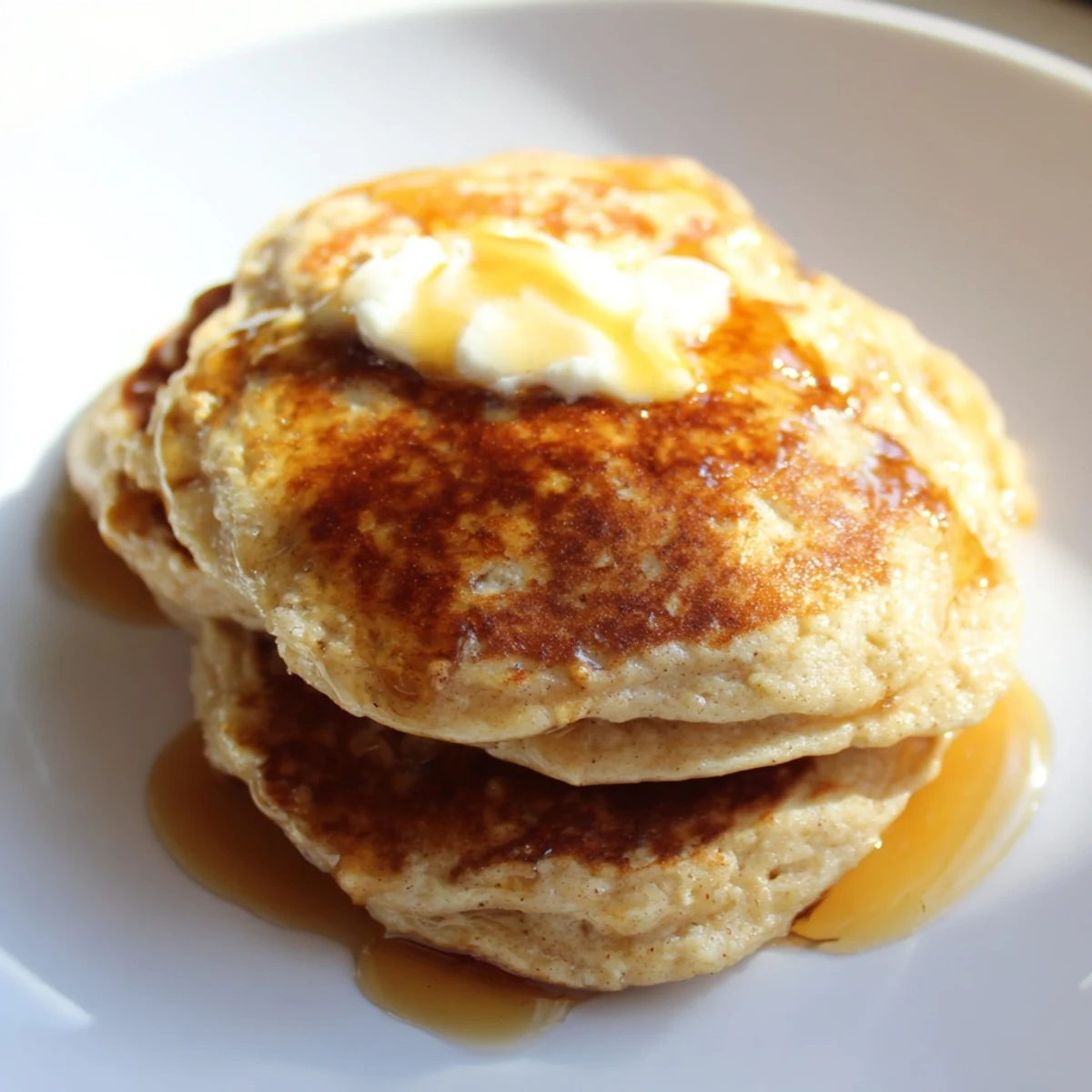 A stack of fluffy Protein Banana Pancakes, cooked to a perfect golden brown, offering a delightful breakfast.