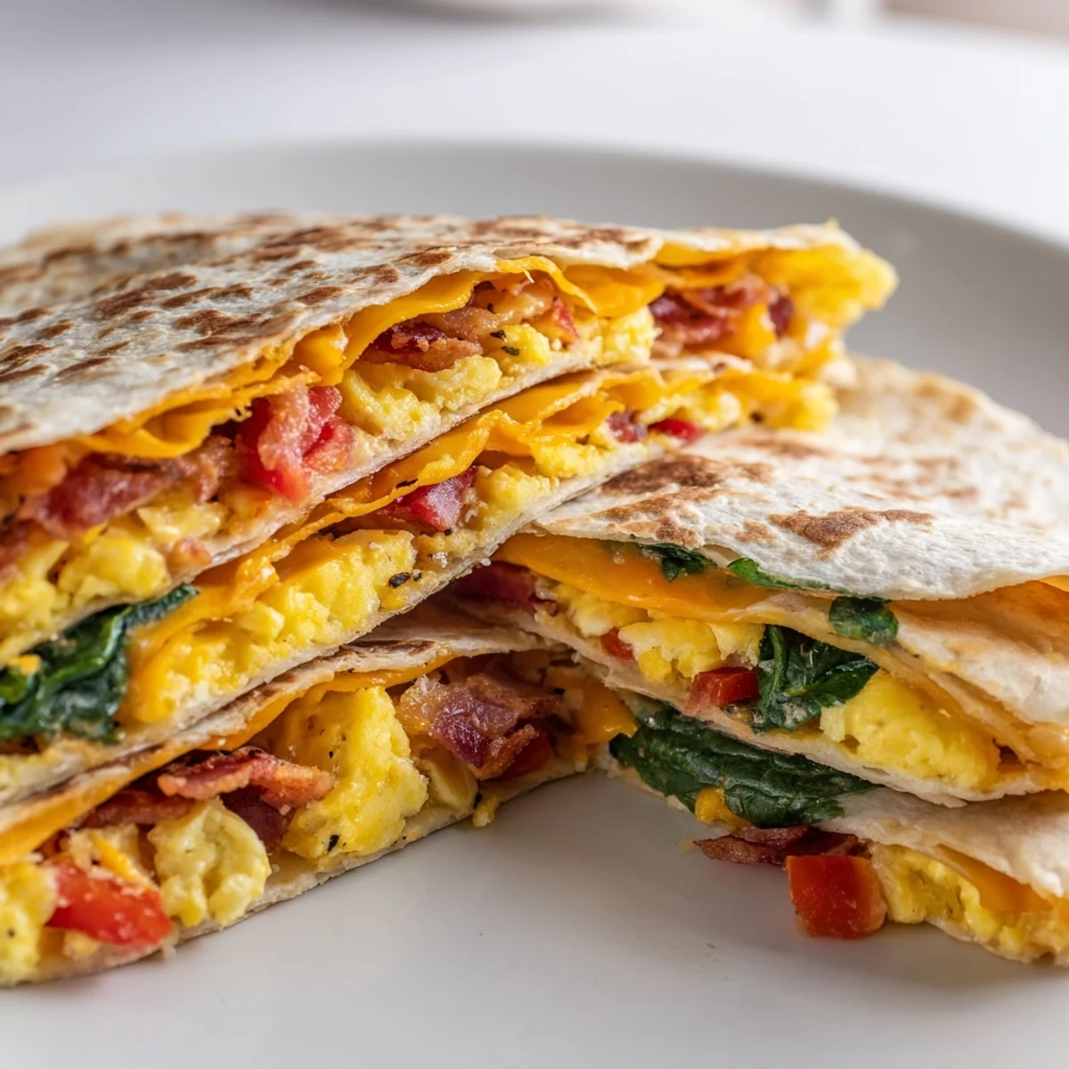Crispy folded Breakfast Quesadilla, golden brown and overflowing with cheese, eggs, and bacon.