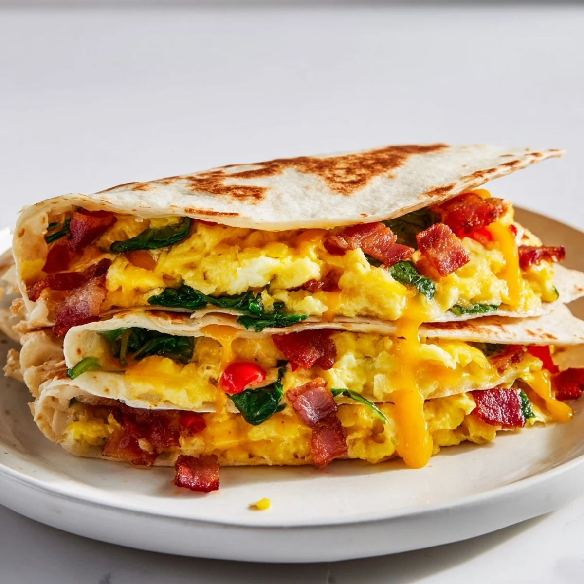Warm, cheesy Breakfast Quesadilla, with optional savory bacon and fresh vegetables folded inside.