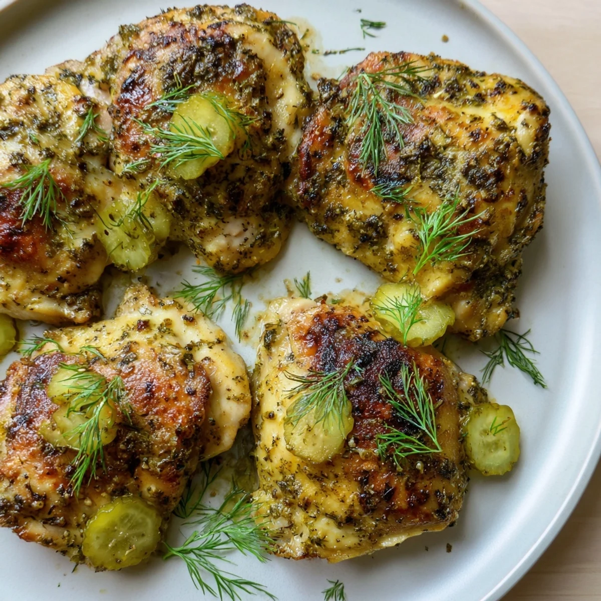 Oven-baked Pickle Ranch Chicken, golden-brown and crispy, ready to be served with dill garnish.