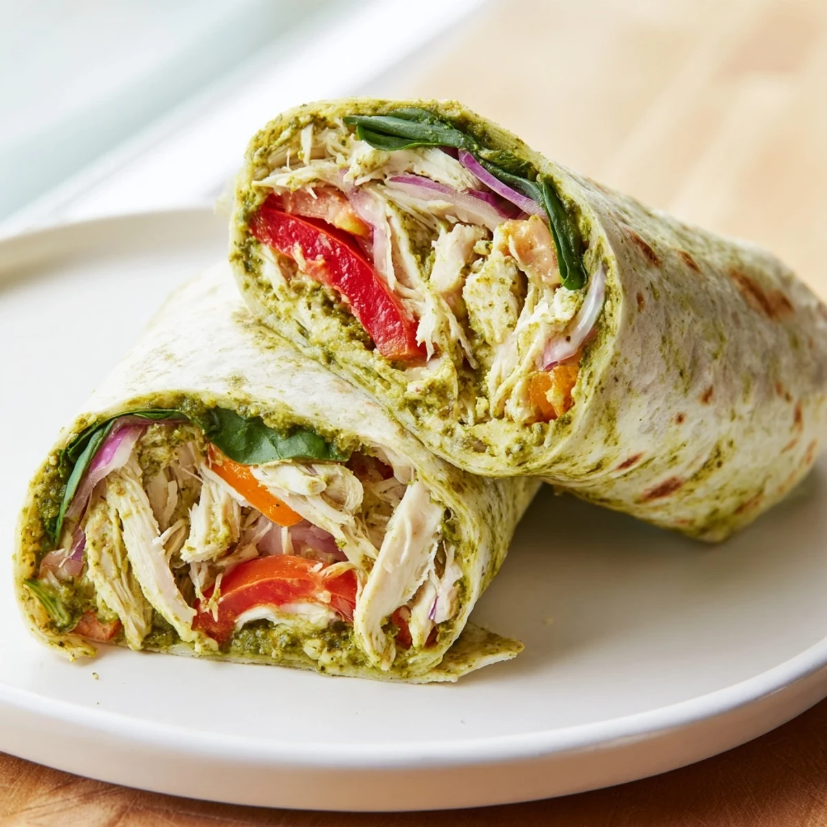 Savory pesto chicken wrap, filled with mozzarella, and ripe tomatoes, ready to enjoy.