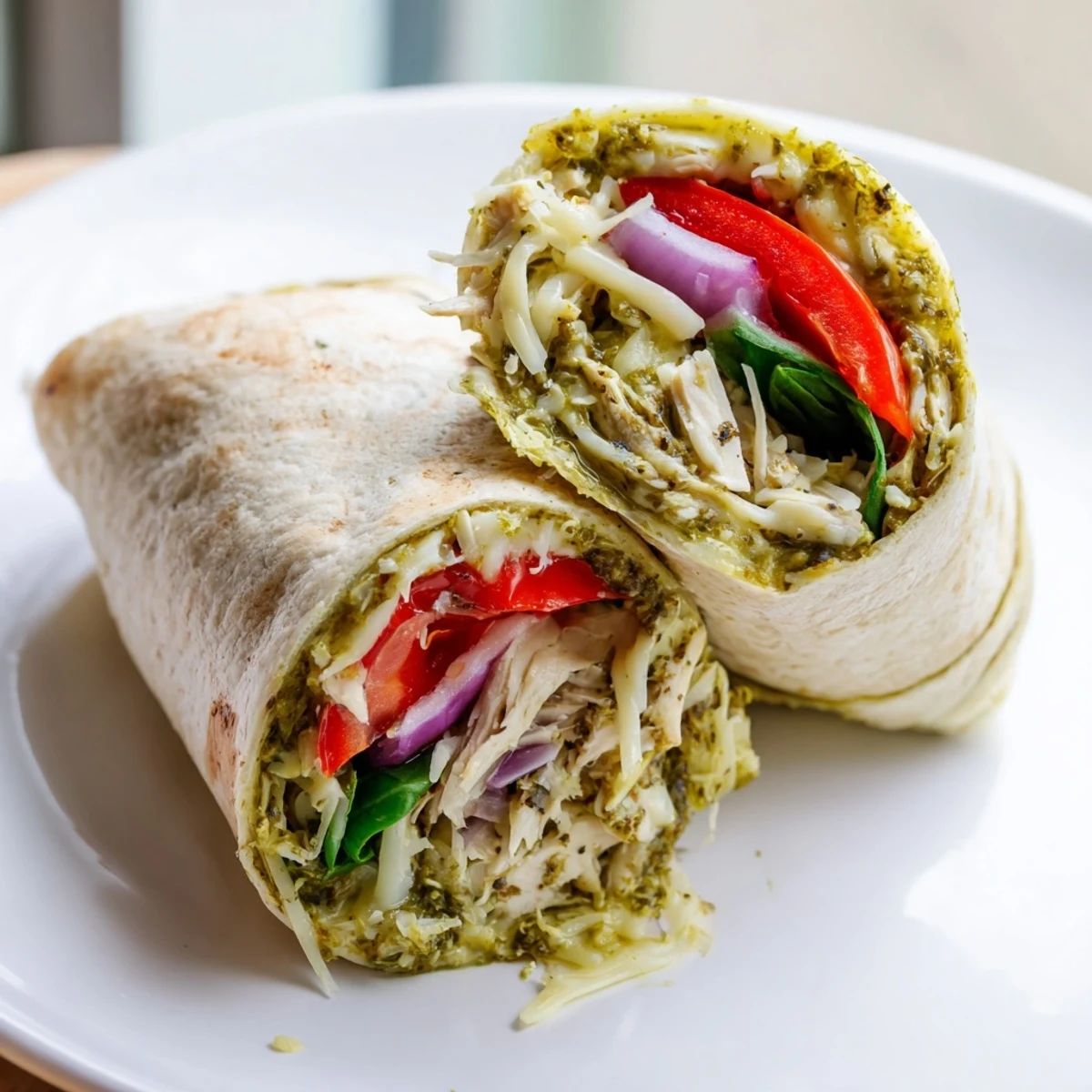 Warm, toasted pesto chicken wraps featuring chicken and gooey cheese, perfect for lunch.