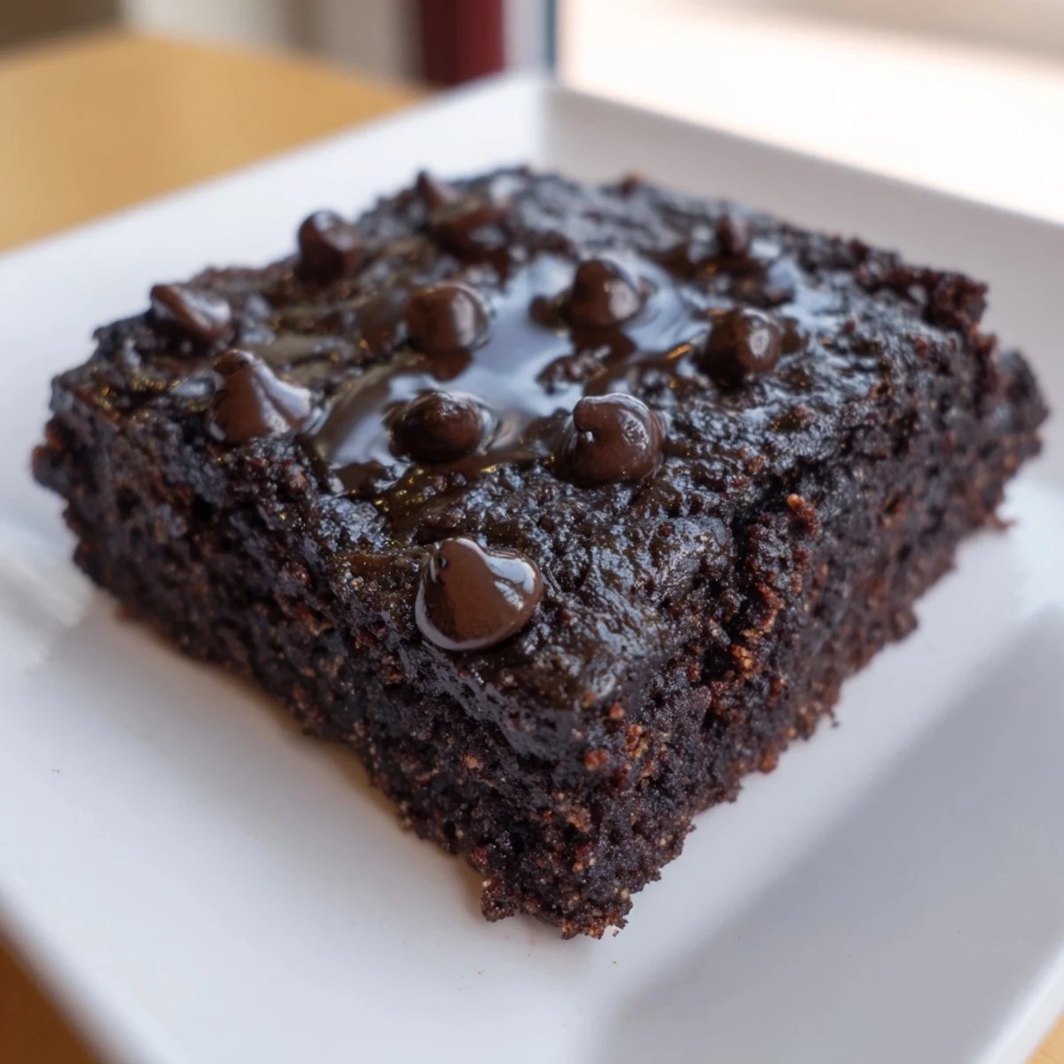 Close-up of baked Greek yogurt brownies with visible chocolate chips, a delicious dessert.