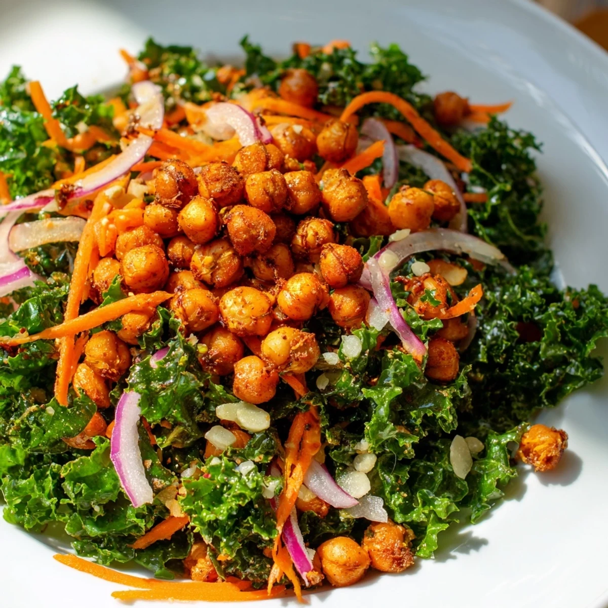 A colorful kale salad with crispy roasted chickpeas, tossed in flavorful dressing, ready to eat.