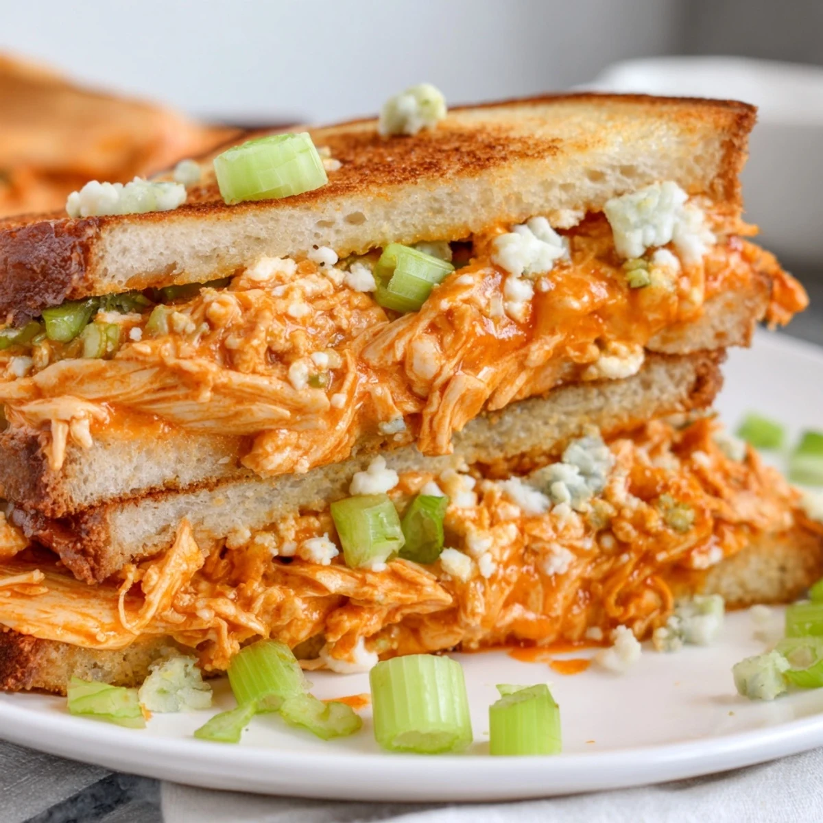Golden, melty Buffalo Chicken Grilled Cheese, overflowing with spicy chicken and creamy cheese.